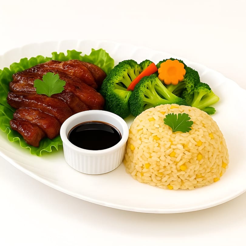 Thai dish with glazed chicken, broccoli, corn rice, and a side of dark sauce on a white plate.