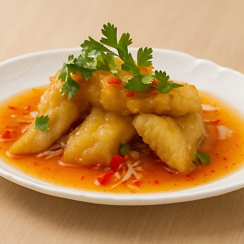 Crispy fried fish fillets in sweet chili sauce, garnished with fresh cilantro and red peppers.
