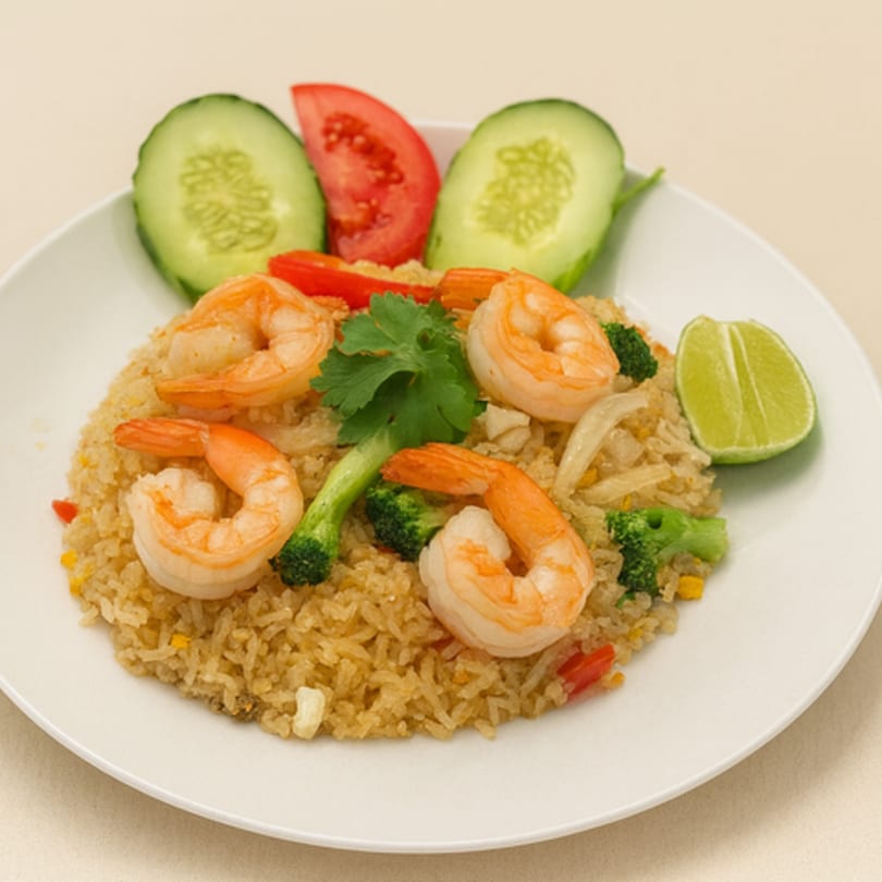 Spoon Thai Kitchen's shrimp fried rice with broccoli, cucumber, tomato, and lime on a white plate.