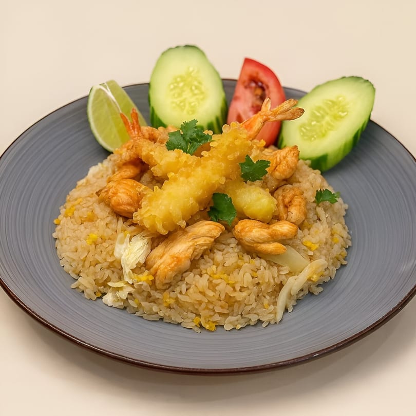 Spoon Thai Kitchen's fried rice with chicken, tempura shrimp, lime, cucumber, and tomato slices.