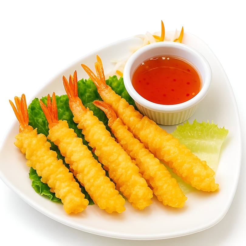 Five crispy fried shrimp with sweet chili dipping sauce and lettuce on a white plate.
