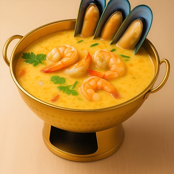 Golden pot of Spoon Thai Kitchen's yellow curry with shrimp, mussels, and cilantro.
