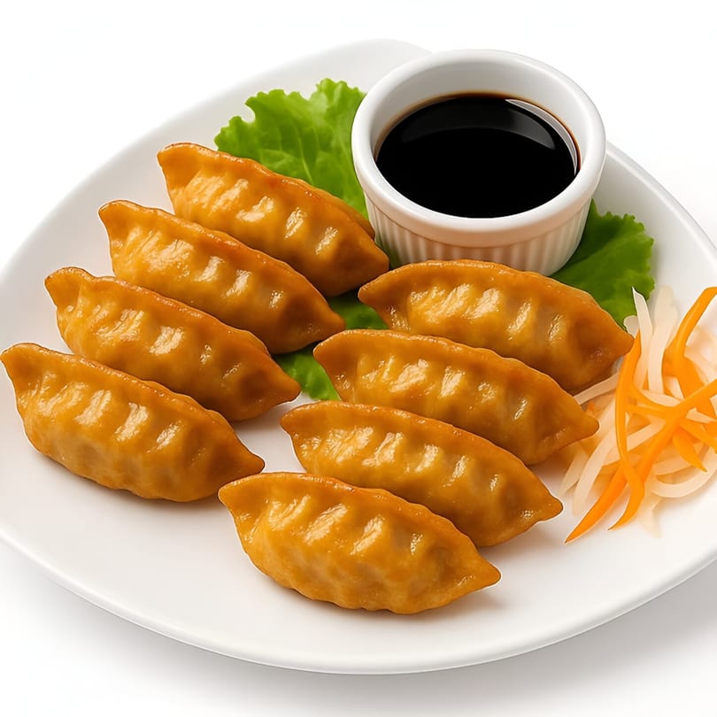 Eight golden-brown Thai dumplings with a side of soy sauce, lettuce, and pickled vegetables.